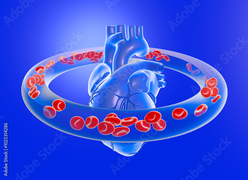 3d illustration of a beating heart, showing the coronary arteries. Surrounding it like an orbit by the circulation of red blood cells on blue gradient background.