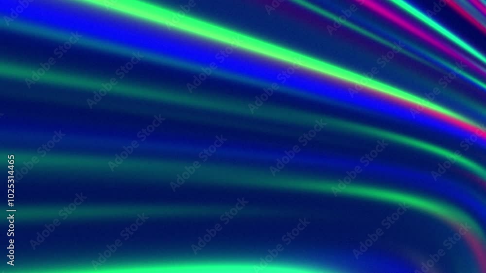 Abstract grainy background with flow of pulsating fluorescent light rays in acid green, bright pink, blue, orange, cyan. Flashing speed lines. Glowing colorful curved stripes. Rave party, disco vibe