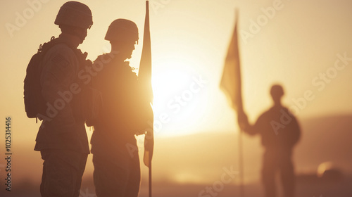 Soldiers raising flags together during a solemn sunrise ceremony photo