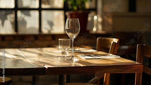 High-resolution capture of a sparse dining setup, single wine glass, wooden table,