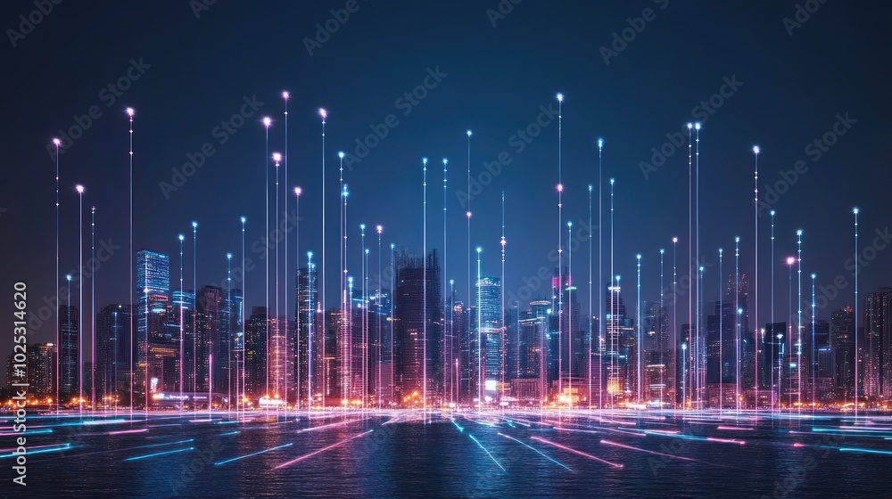 Nighttime cityscape with glowing neon lights and reflections in the water Nighttime cityscape with glowing neon lights and reflections in the water