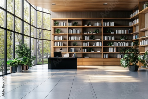 Modern, empty office space with wooden shelves and desks. 3D Rendering 