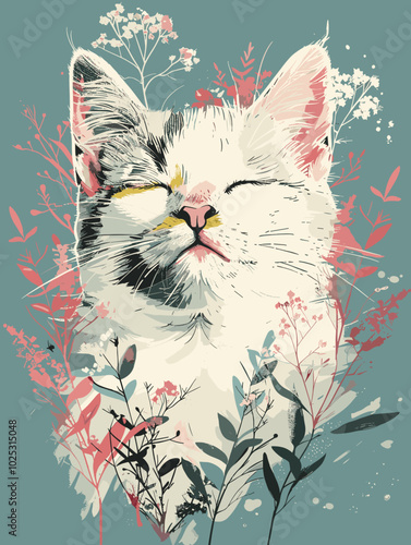 Illustration of a cat with flowers and plants on a blue background