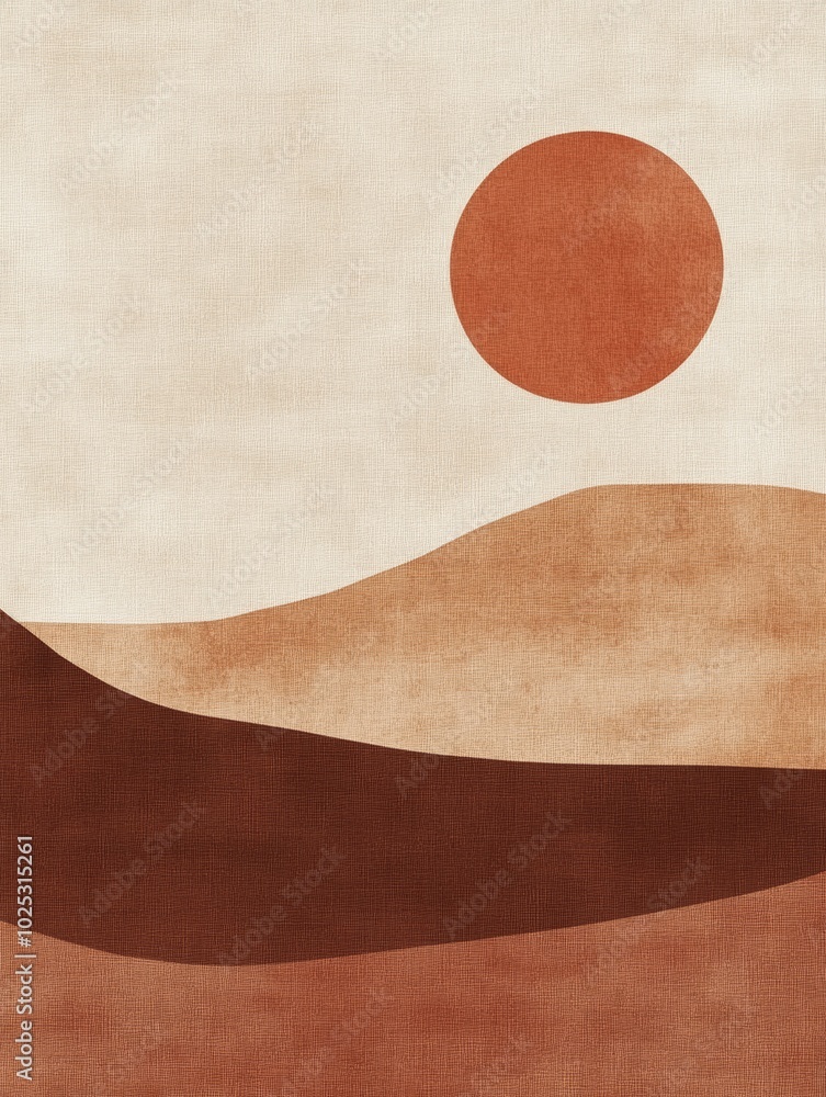 The artwork depicts a serene landscape with soft hills under a glowing sun, using warm earth tones to create a calming atmosphere The artwork depicts a serene landscape with soft hills under a glowing sun, using warm earth tones to create a calming atmosphere