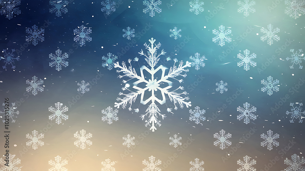 Fototapeta premium White snowflakes on a blue and yellow gradient background, winter holiday design. 