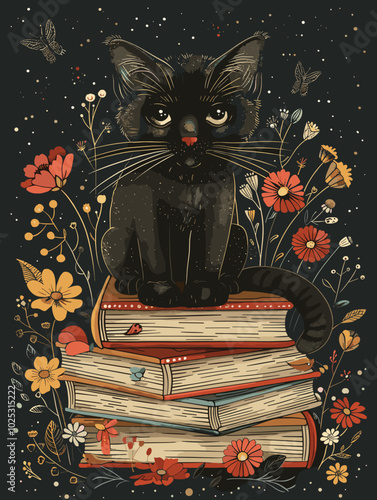 Black cat sitting on a stack of books with flowers. Vector illustration.