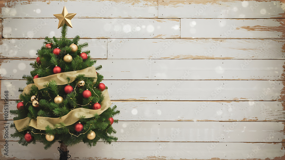Rustic Christmas tree with red and gold ornaments on white wood background for holiday greeting cards.
Rustic Christmas tree with red and gold ornaments on white wood background for holiday greeting cards.
