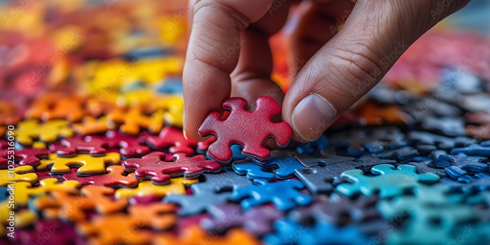 Close-up of a hand placing a colorful puzzle piece, showcasing the fun and relaxing assembly of a jigsaw game, print for National Puzzle Day Close-up of a hand placing a colorful puzzle piece, showcasing the fun and relaxing assembly of a jigsaw game, print for National Puzzle Day