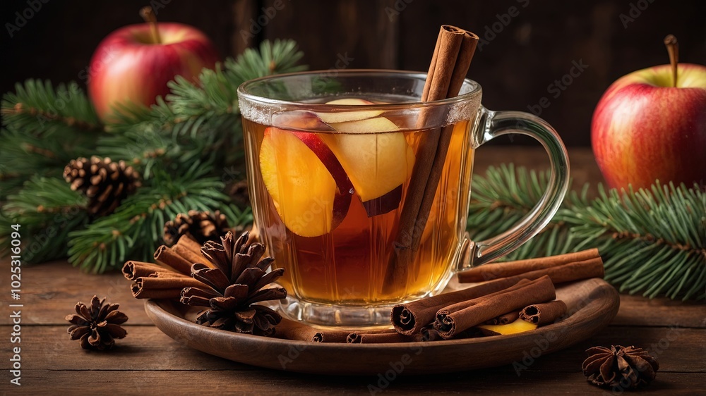 Hot Apple Cider with Cinnamon Sticks and Pinecones in a Cozy Christmas Setting Hot Apple Cider with Cinnamon Sticks and Pinecones in a Cozy Christmas Setting