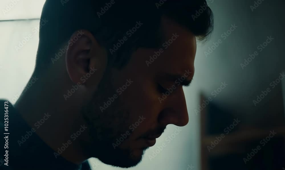 Venezuelan Man Praying in Dark Room with Stressed Hands Venezuelan Man Praying in Dark Room with Stressed Hands