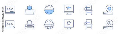Education icon set in two styles, Duotone and Thin Line style. Editable stroke. online education, blackboard, knowledge, desk, world, friction