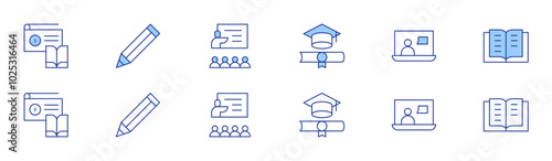 Education icon set in two styles, Duotone and Thin Line style. Editable stroke. radio, pencil, diploma, class, virtual class, reading