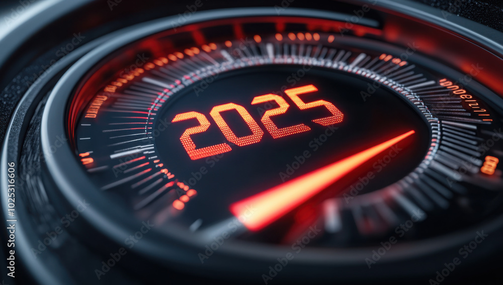 Black speedometer with needle moving to the year 2025
Black speedometer with needle moving to the year 2025