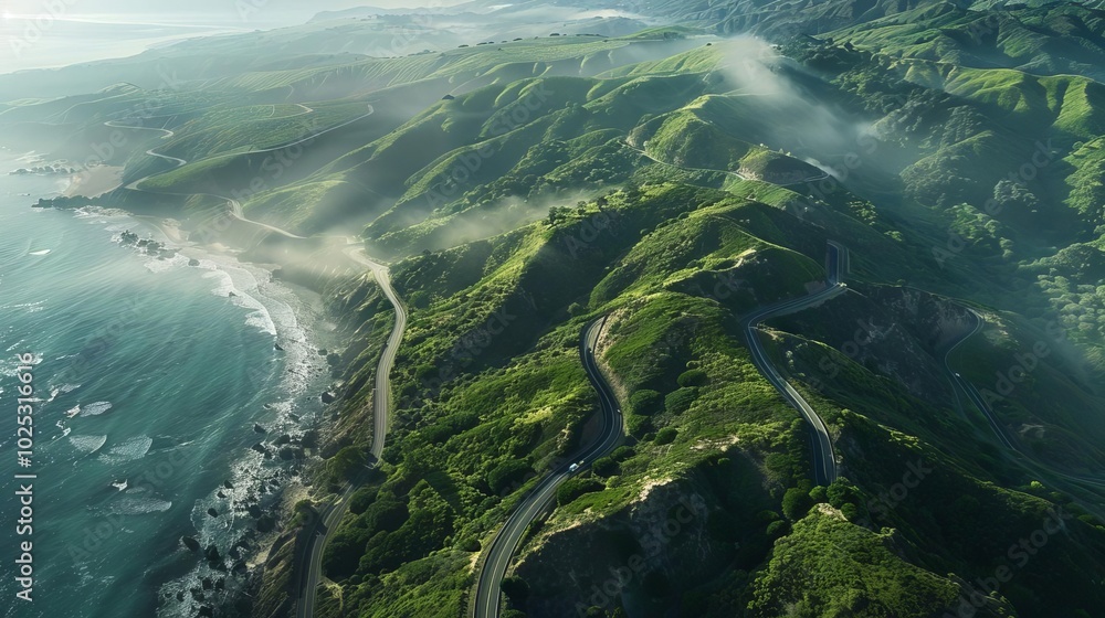 Hyper-realistic aerial view of a winding coastal road, lush hills, morning mist, Hyper-realistic aerial view of a winding coastal road, lush hills, morning mist,