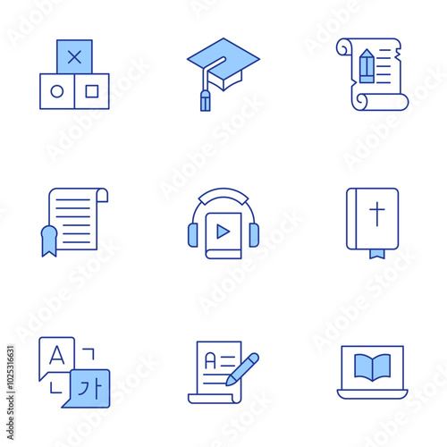 Education icons set. Line Duotone style, editable stroke. certificate, blocks, language, ancient scroll, bible, online learning, audiobook, writing, mortarboard