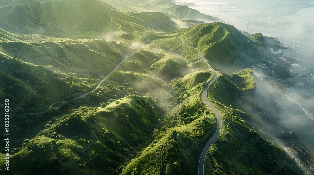 Hyper-realistic aerial view of a winding coastal road, lush hills, morning mist, Hyper-realistic aerial view of a winding coastal road, lush hills, morning mist,
