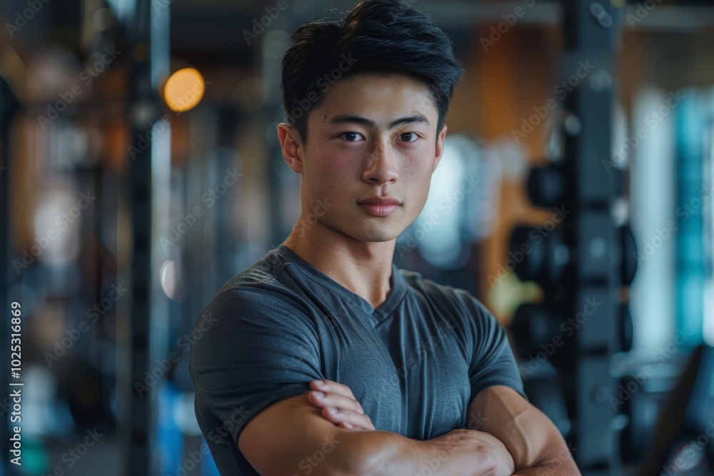 Serious fitness trainer standing alone in a gym. Focused coach with arms crossed post-workout, showcasing confidence during routine training exercises Serious fitness trainer standing alone in a gym. Focused coach with arms crossed post-workout, showcasing confidence during routine training exercises