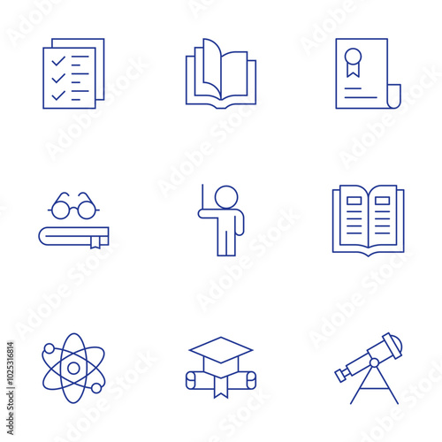 Education icons set. Thin Line style, editable stroke. checklist, certificate, book, atom, astronomy, open book, mortarboard, lecturer
