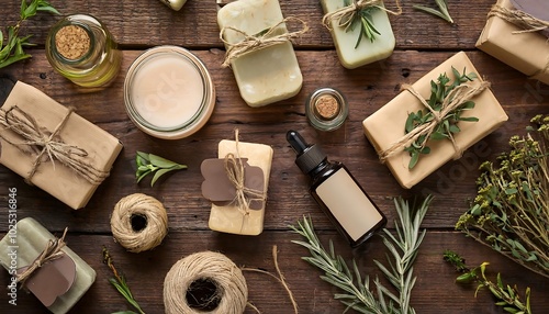 Wallpaper Mural Homemade natural skincare products soap bars, essential oils, and herbs arranged on wood. Generative AI Torontodigital.ca