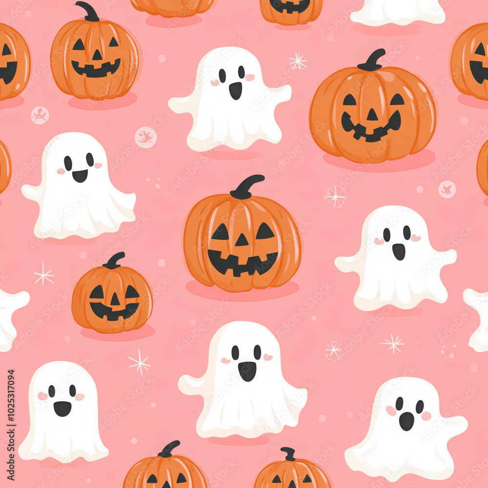 Design of Halloween pattern with cute pumpkin lanterns and ghosts. Vector illustration
Design of Halloween pattern with cute pumpkin lanterns and ghosts. Vector illustration