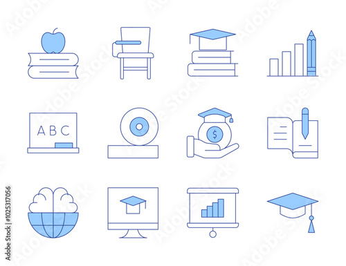 Education icons. Line Duotone style, editable stroke. online education, blackboard, graduation cap, bar chart, literature, knowledge, desk, education, world, scholarship, presentation, friction