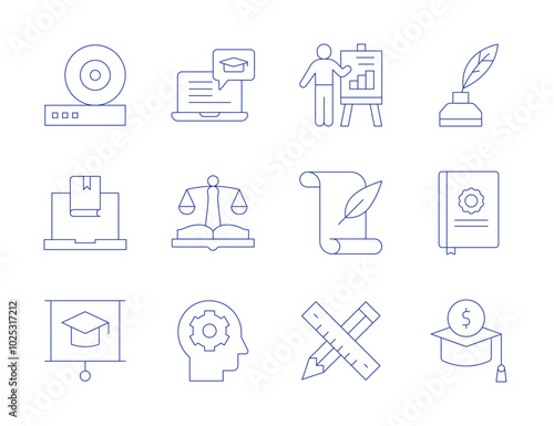 Education icons. Thin Line style, editable stroke. presentation, online learning, mind, law, history, pencil, write, thesis, scholarship, friction, elearning, education