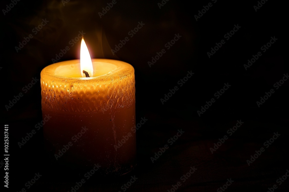 A candle burning in the darkness, casting an ethereal glow on its... A candle burning in the darkness, casting an ethereal glow on its...