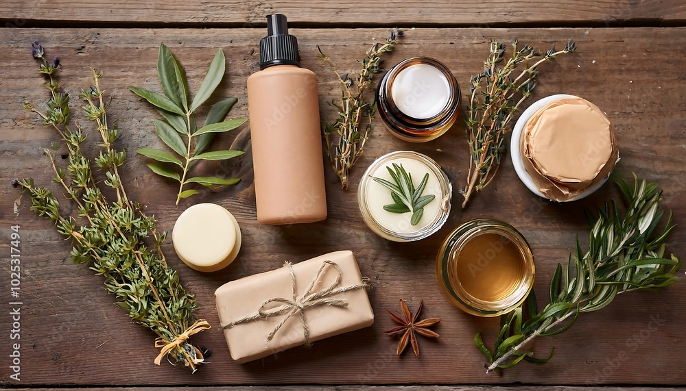 Homemade organic skincare flat lay showcasing soap bars and natural ingredients on wooden surface. Generative AI Homemade organic skincare flat lay showcasing soap bars and natural ingredients on wooden surface. Generative AI