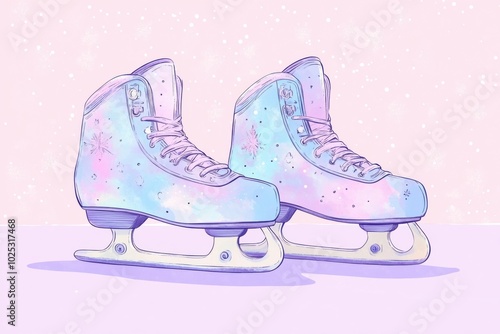 Whimsical Vintage Ice Skates in Soft Watercolor Hues. Watercolor Illustration in Pastel Colours photo