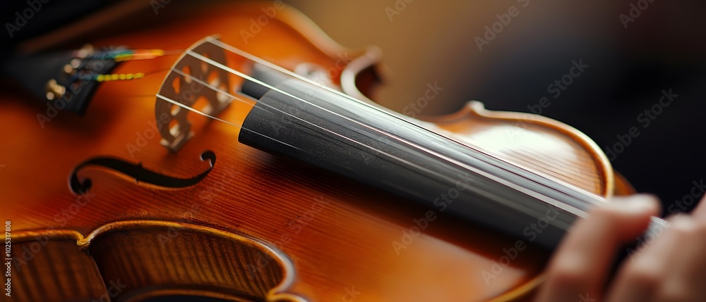 Fototapeta premium Close-up of a hand playing a violin, showcasing the intricate details of the instrument and its elegant craftsmanship.