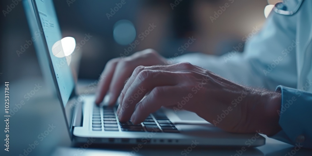 Male medical professional using a computer and tablet for research or communication in a clinical office setting Male medical professional using a computer and tablet for research or communication in a clinical office setting