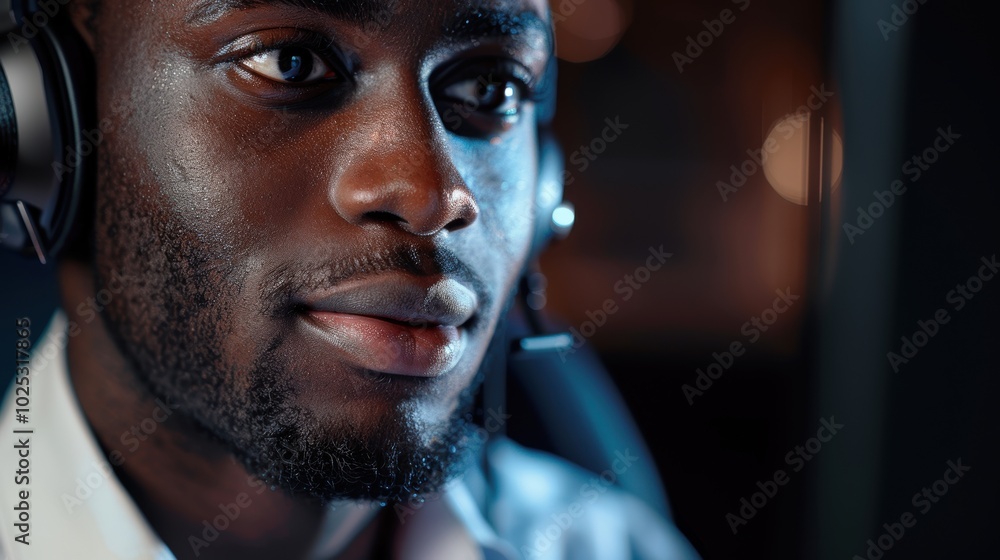 Portrait of a male call center employee wearing a headset, engaged in telemarketing and customer service against a neutral background Portrait of a male call center employee wearing a headset, engaged in telemarketing and customer service against a neutral background