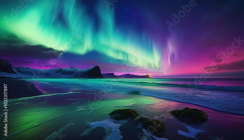 The Aurora Borealis reflecting over a beach during the evening hours. AI Generated image