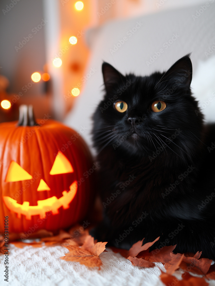 cozy black cat resting on white blanket with carved pumpkin and autumn leaves for halloween cozy black cat resting on white blanket with carved pumpkin and autumn leaves for halloween
