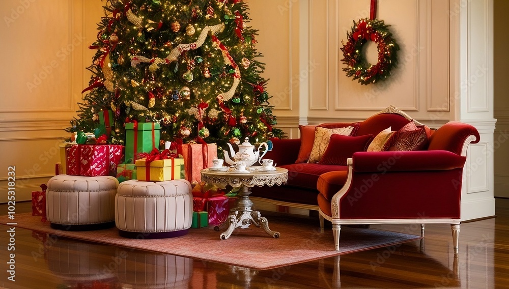 Christmas tree with presents in the living room, Christmas Tree in living room interior, Scandinavian Home Interior with Christmas Decorations, New Year celebration concept, created with generative ai Christmas tree with presents in the living room, Christmas Tree in living room interior, Scandinavian Home Interior with Christmas Decorations, New Year celebration concept, created with generative ai