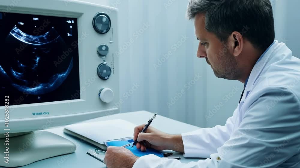 A doctor in a white coat is writing on a clipboard during a medical consultation. The setting includes medical equipment in the background, providing a clinical atmosphere. A doctor in a white coat is writing on a clipboard during a medical consultation. The setting includes medical equipment in the background, providing a clinical atmosphere.
