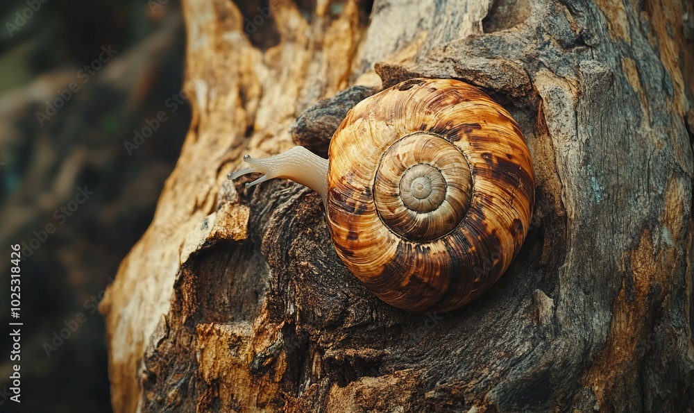 Close up camouflaged snail on tree trunk Close up camouflaged snail on tree trunk