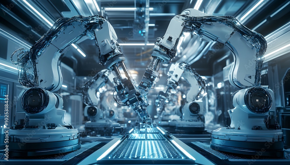 Futuristic robotic arms working collaboratively in a high-tech industrial environment, showcasing innovation and automation. Futuristic robotic arms working collaboratively in a high-tech industrial environment, showcasing innovation and automation.