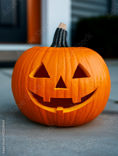 Spooky halloween pumpkin jack-o'-lantern glowing on a porch, adding fun and creepiness to the autumn holiday. Perfect for festive events and costume parties photo