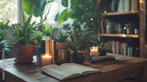 A wooden table set with a variety of holistic wellness books, candles, and plants, creating a peaceful atmosphere