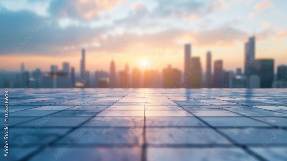 Vacant concrete floor with an urban skyline under a clear blue sky. Ideal for background space Vacant concrete floor with an urban skyline under a clear blue sky. Ideal for background space