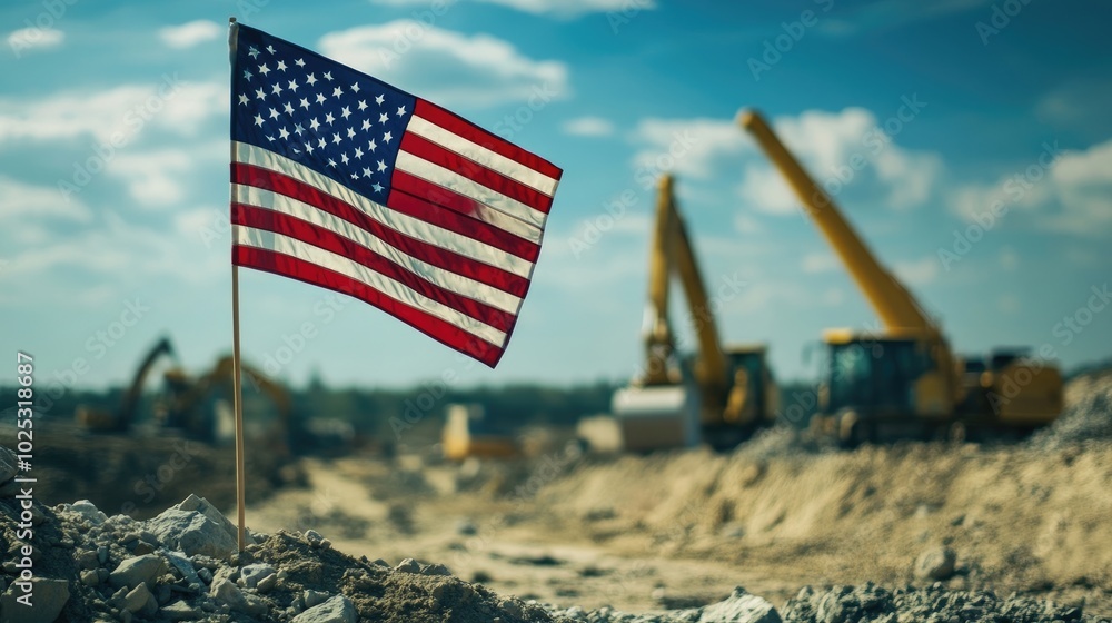 Naklejka premium An American flag waving gently in the breeze at a construction site, with machinery in the background and blue skies above
