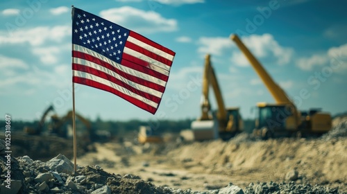 An American flag waving gently in the breeze at a construction site, with machinery in the background and blue skies above