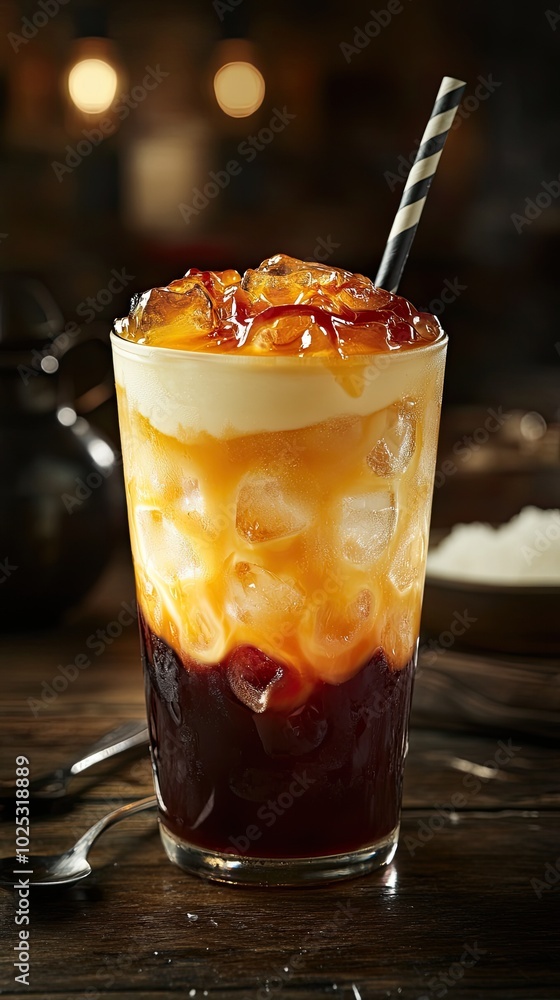 Vertical format, Refreshing iced thai iced tea served in a glass on a rustic wooden table Vertical format, Refreshing iced thai iced tea served in a glass on a rustic wooden table