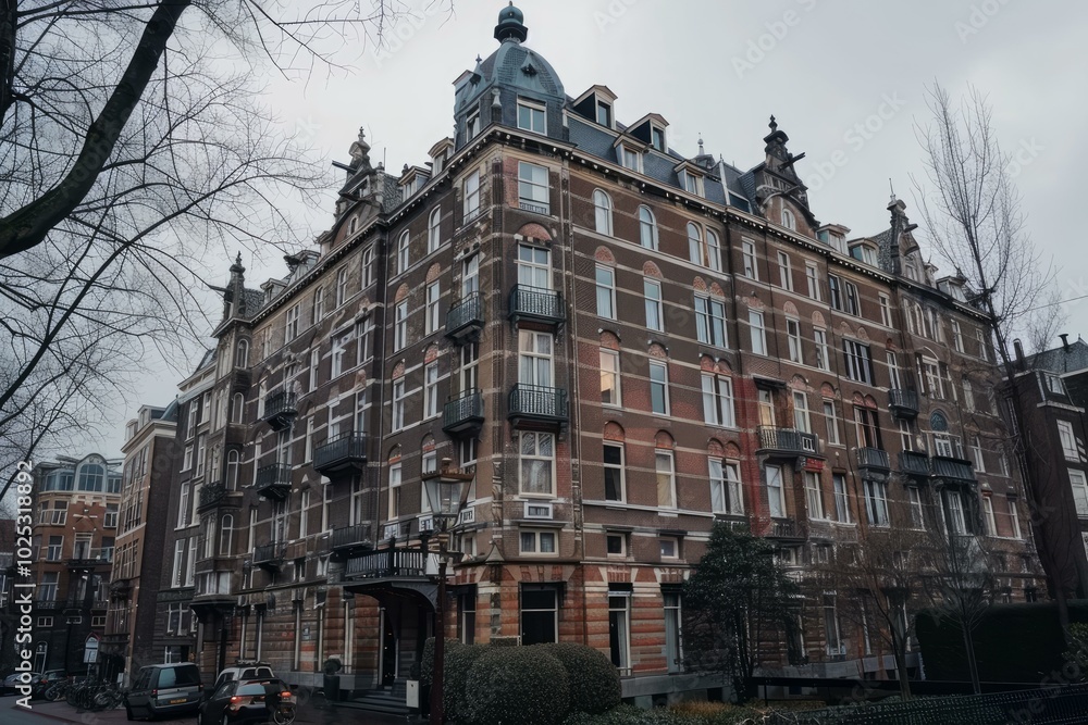 Fototapeta premium Traditional brick building with ornate details, showcasing the architectural charm of amsterdam