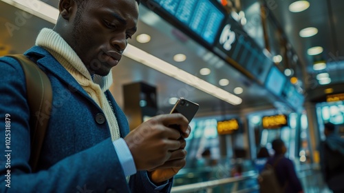 Man reviewing travel documents and flight details at an airport with luggage, preparing for an international flight