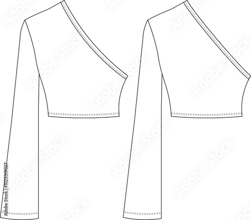 one shoulder long bell kimono sleeve asymmetric neck cropped crop blouse top sweater template technical drawing flat sketch cad mockup fashion woman design style model
