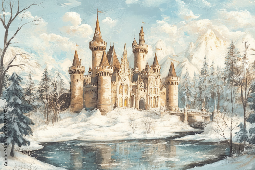 Winter Fantasy Castle in Snowy Mountain Landscape