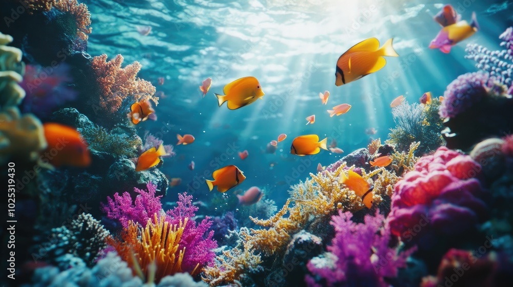 Fototapeta premium An ethereal underwater scene featuring colorful fish and coral reefs
