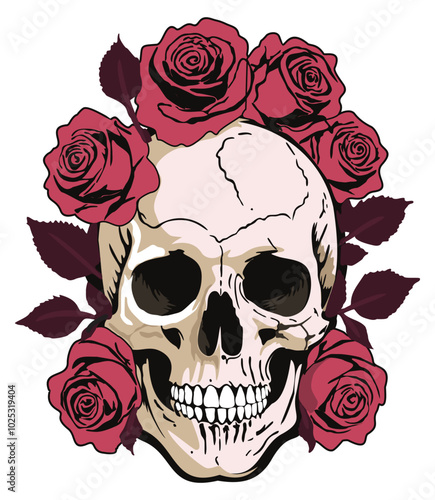 Human skull with pink roses around. Day of the Dead. Vector isolated illustration